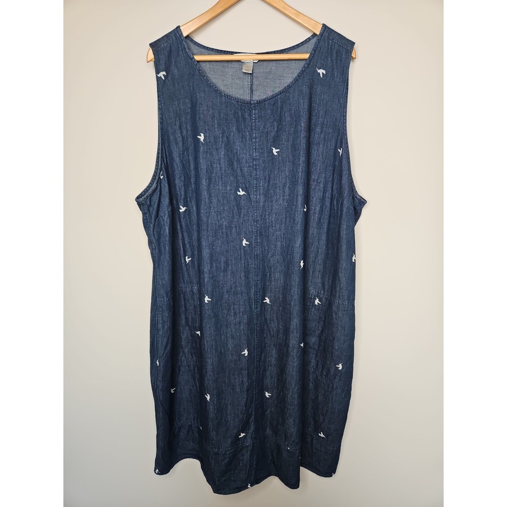 CJ Banks Dress 3X Blue Chambray Jumper Hummingbird Cotton Pockets Country Garden